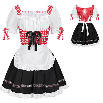 Oktoberfest Red Checkered Dirndl Dress with Apron and Blouse