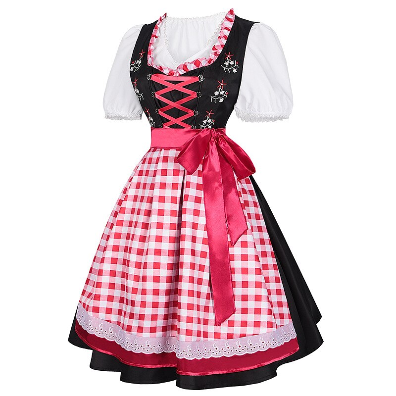 Oktoberfest Gingham Floral Dirndl Dress Set with Apron and Blouse