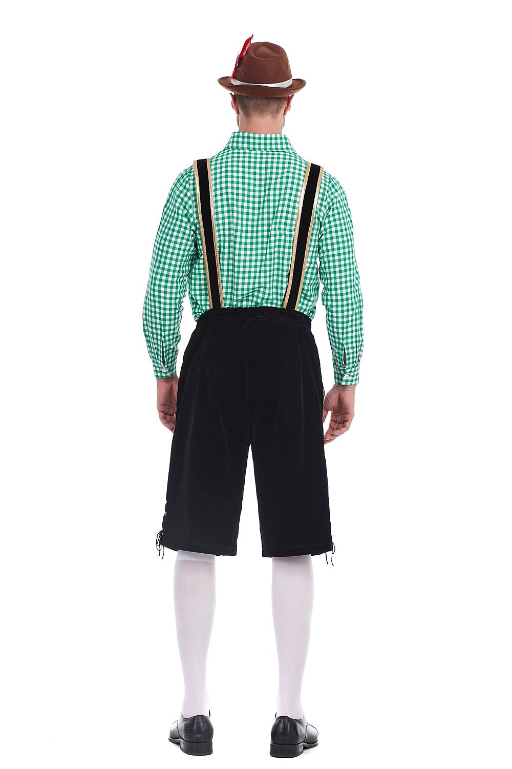 Men's Oktoberfest Costume with Embroidered Black Lederhosen, Shirt and Hat