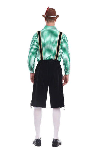 Men's Oktoberfest Costume with Embroidered Black Lederhosen, Shirt and Hat