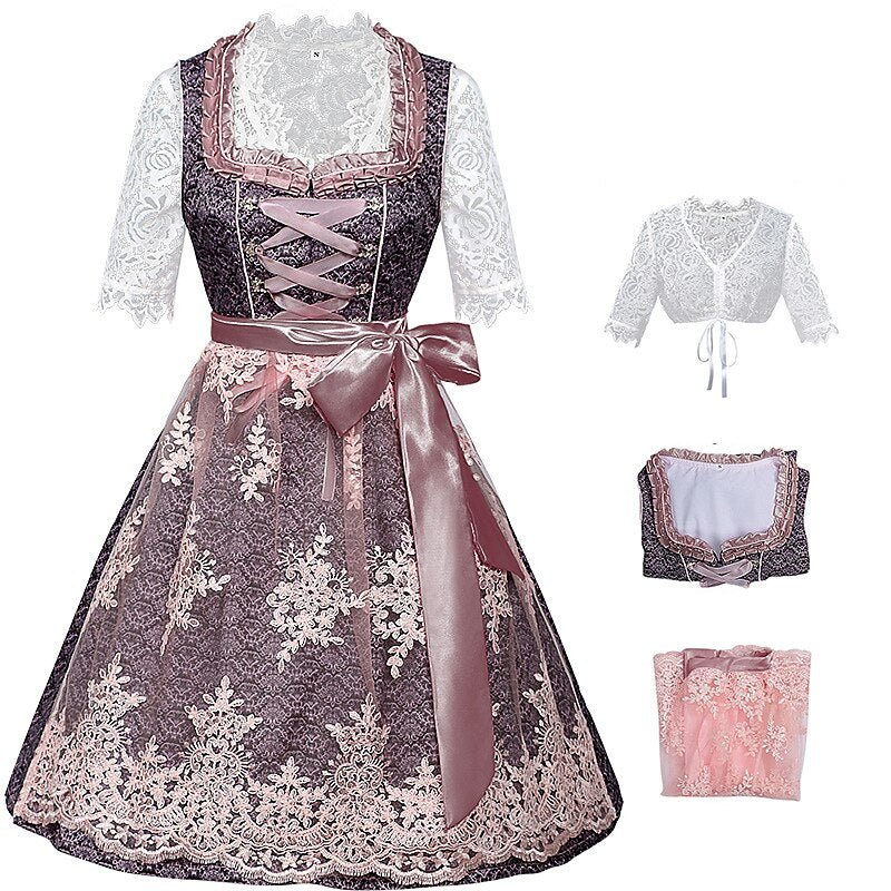 Oktoberfest Pink Embroidered Dirndl Dress with Lace Apron and Blouse
