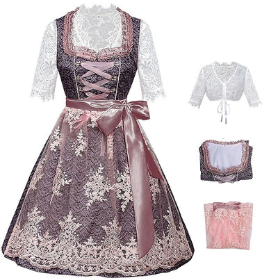 Oktoberfest Pink Embroidered Dirndl Dress with Lace Apron and Blouse