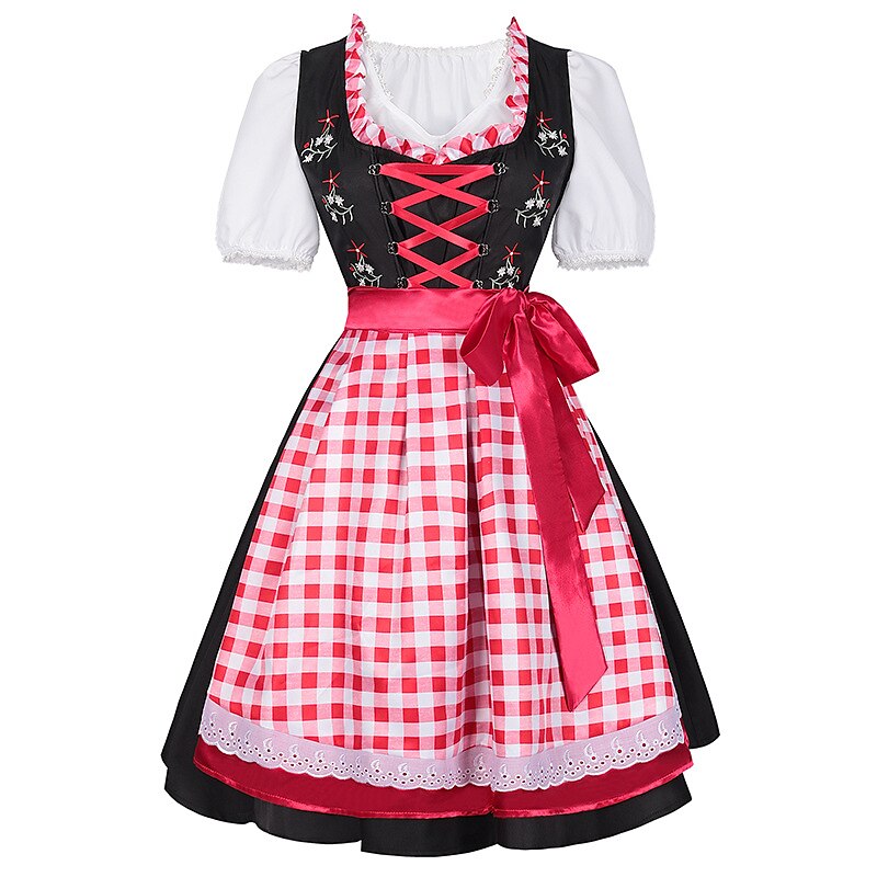 Oktoberfest Gingham Floral Dirndl Dress Set with Apron and Blouse