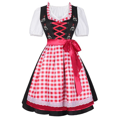 Oktoberfest Gingham Floral Dirndl Dress Set with Apron and Blouse
