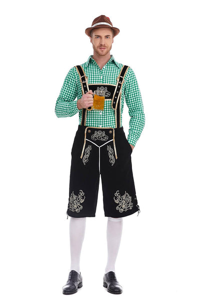 Men's Oktoberfest Costume with Embroidered Black Lederhosen, Shirt and Hat
