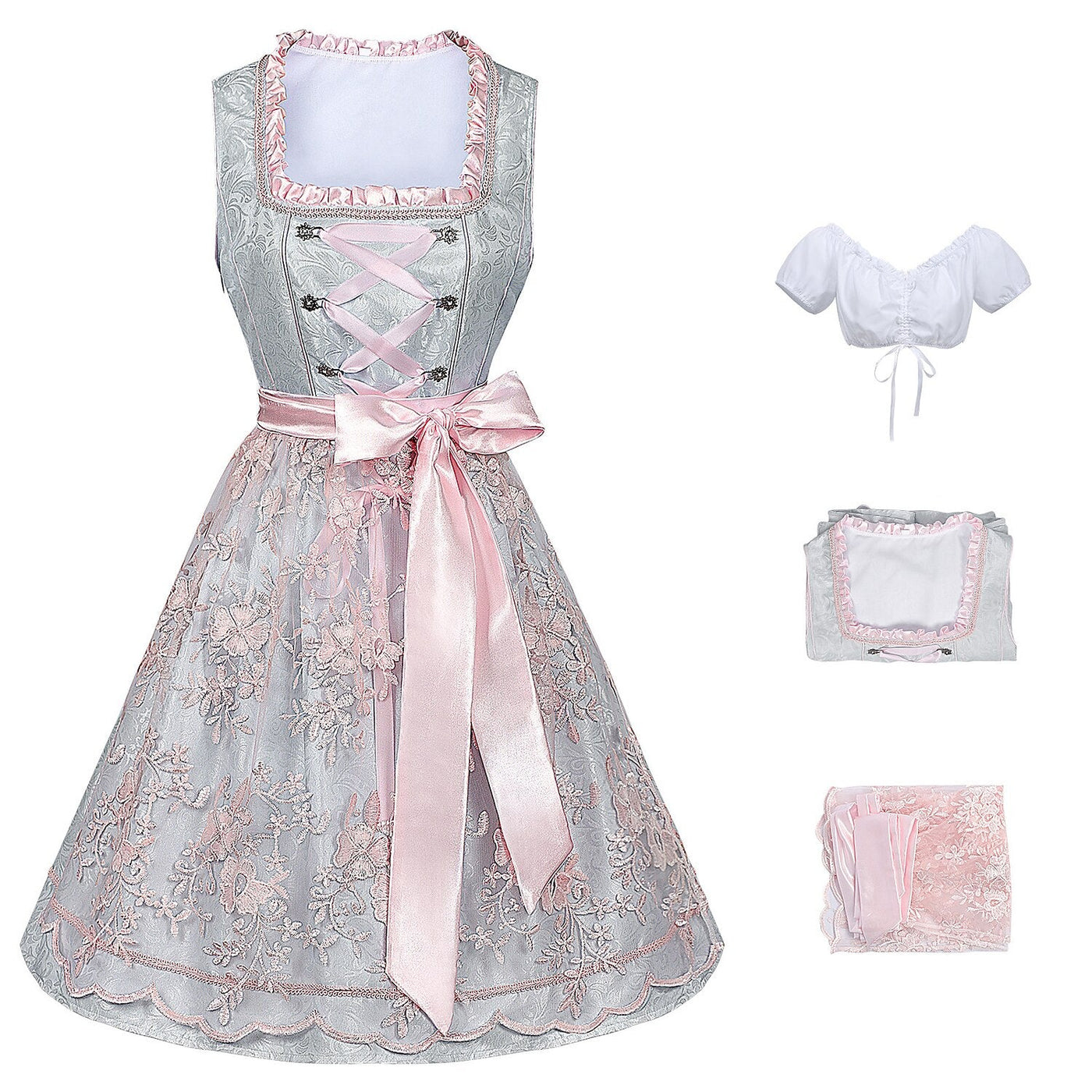 Oktoberfest Costume Pink Dirndl Dress with Lace Apron and Blouse