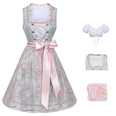 Oktoberfest Costume Pink Dirndl Dress with Lace Apron and Blouse