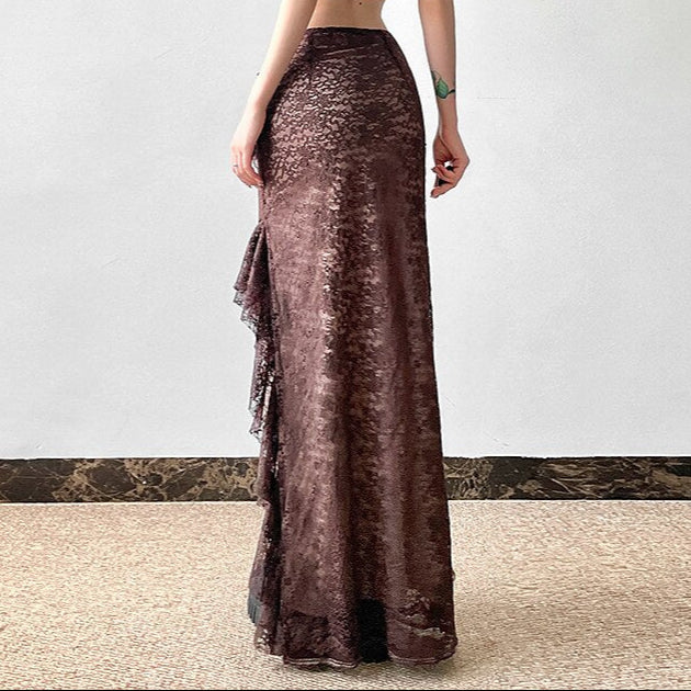 Gothic Style Asymmetrical Ruffled Lace Maxi Skirt
