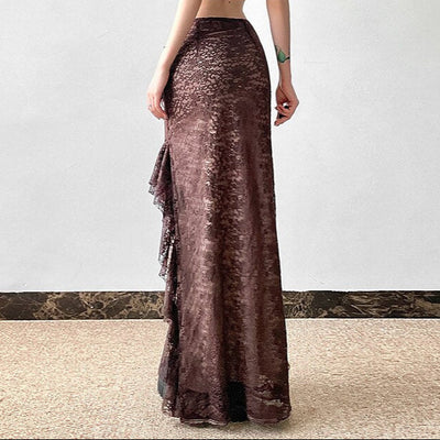 Gothic Style Asymmetrical Ruffled Lace Maxi Skirt