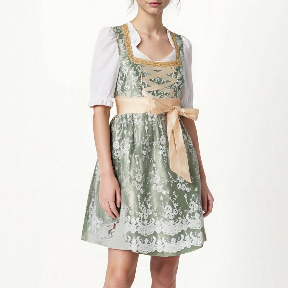 Oktoberfest Champagne Gold Dirndl Dress with Apron and Blouse