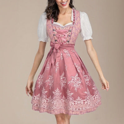 Oktoberfest Pink Dirndl Dress with Embroidered Apron and Blouse