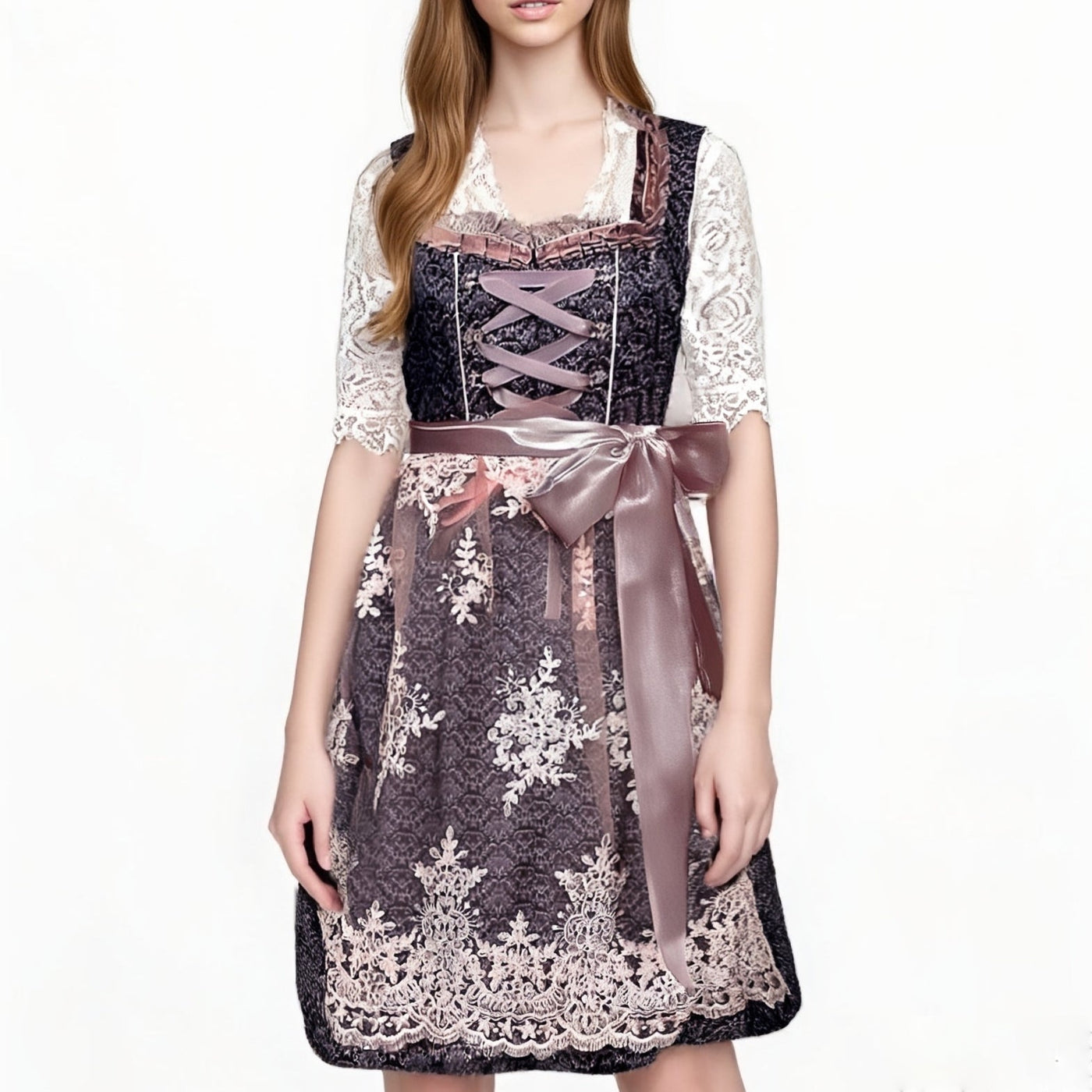 Oktoberfest Pink Embroidered Dirndl Dress with Lace Apron and Blouse