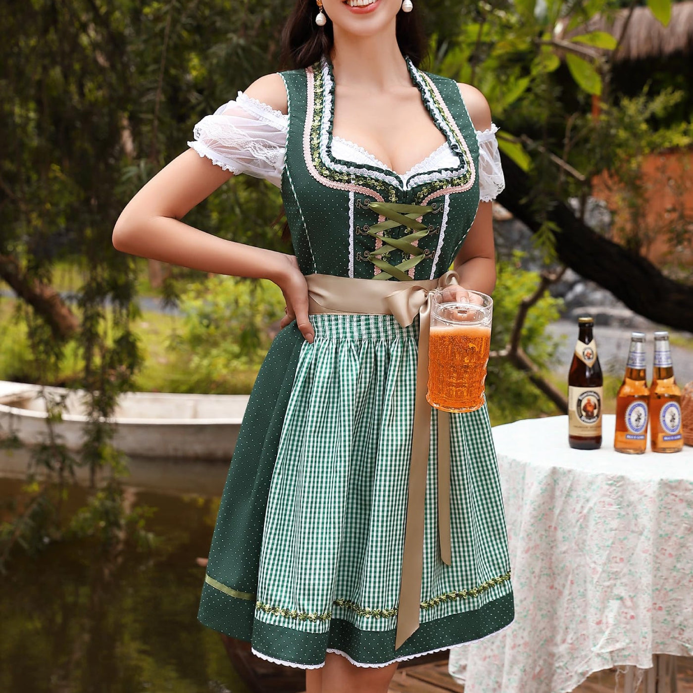 Oktoberfest 3-Piece Green Dirndl with Apron & Blouse