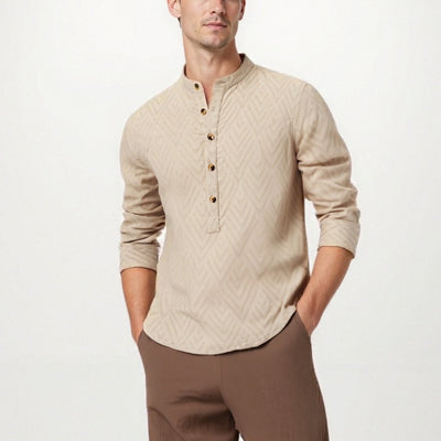 Medieval Style Textured Band Collar Tunic Shirt