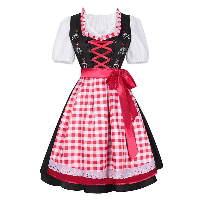 Oktoberfest Embroidered Dirndl Dress with Checkered Apron and Blouse