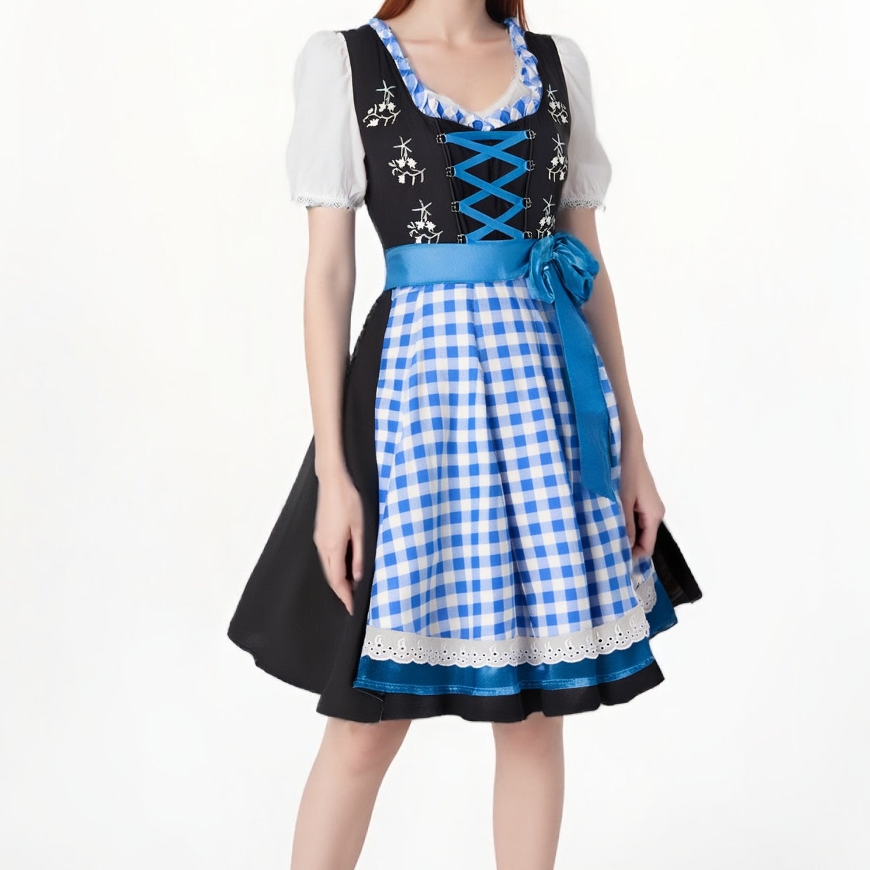 Oktoberfest Embroidered Dirndl Dress with Checkered Apron and Blouse