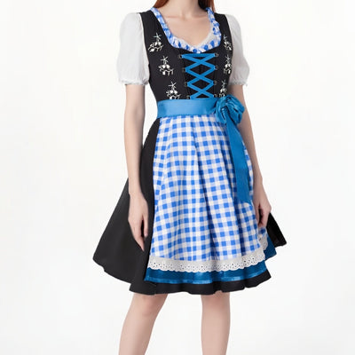 Oktoberfest Embroidered Dirndl Dress with Checkered Apron and Blouse
