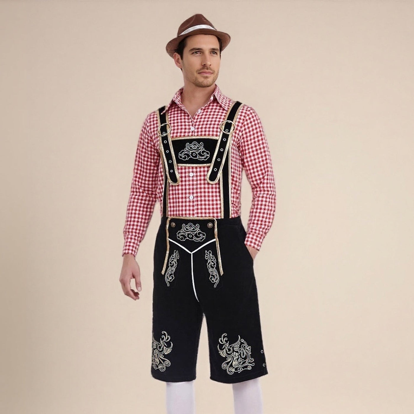 Men's Oktoberfest Costume with Embroidered Black Lederhosen, Shirt and Hat