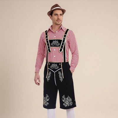 Men's Oktoberfest Costume with Embroidered Black Lederhosen, Shirt and Hat