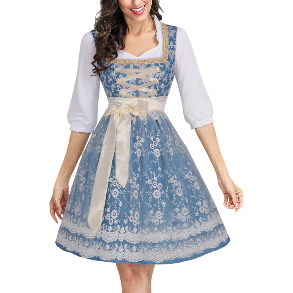 Oktoberfest Costume Blue Dirndl Dress with Blouse and Lace Apron