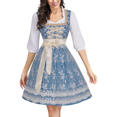 Oktoberfest Costume Blue Dirndl Dress with Blouse and Lace Apron