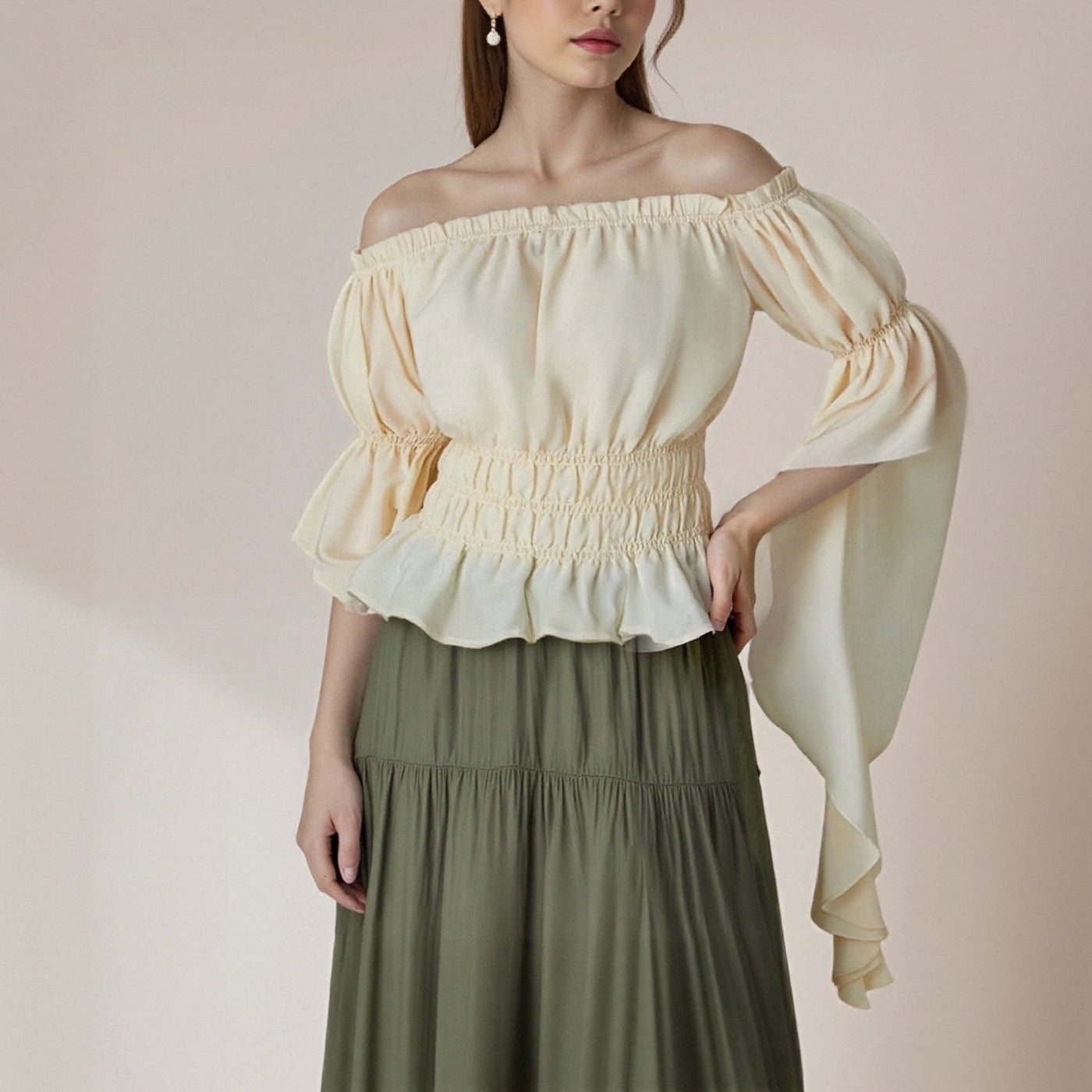 Renaissance Style Ruffle Sleeve Off Shoulder Peplum Blouse