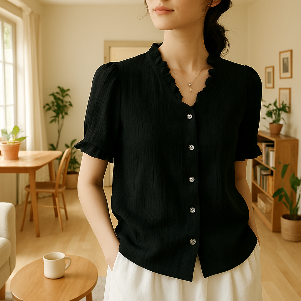 Vintage Black Ruffle V-Neck Cotton Linen Blend Blouse