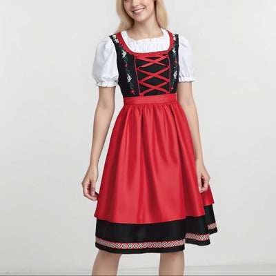 Oktoberfest Red Black Embroidered Dirndl Dress with Apron
