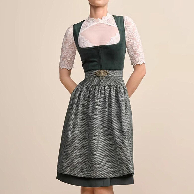 Oktoberfest Dark Green Dirndl Dress with Apron