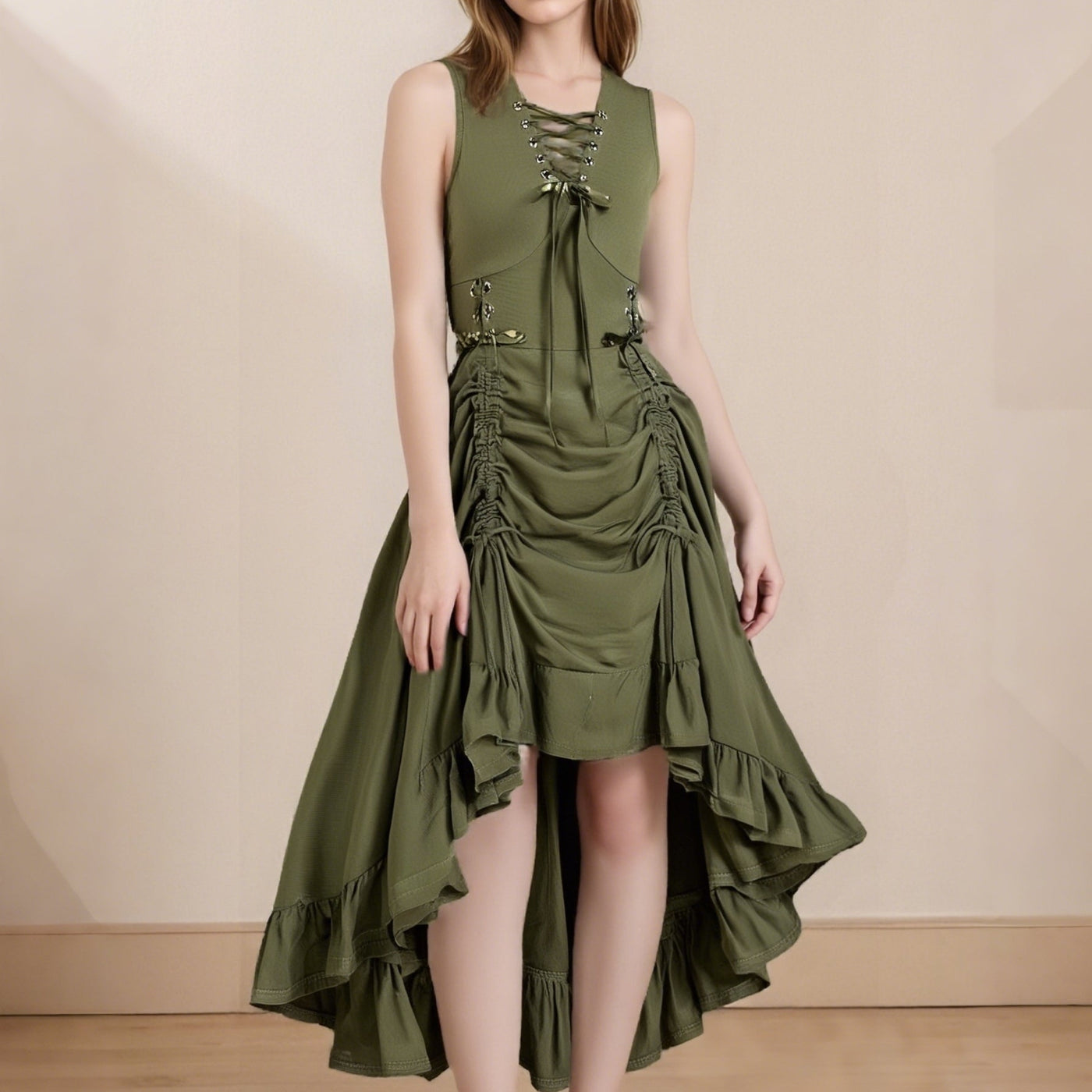 Renaissance Style Sleeveless Dress with Lace-up Waist
