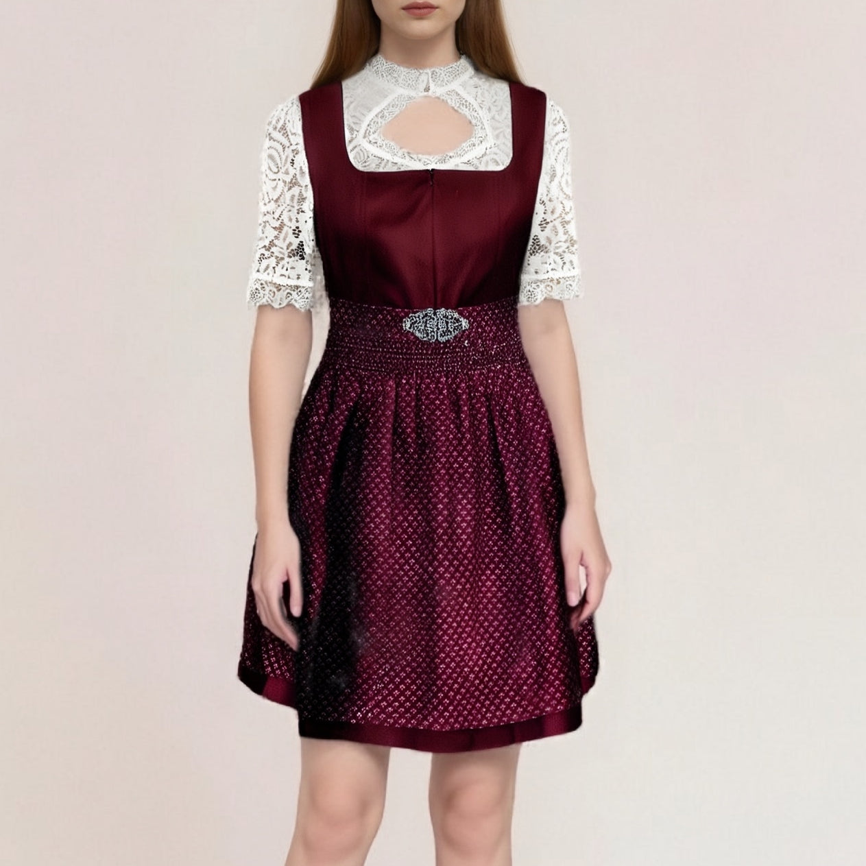 Oktoberfest Burgundy Green Blue Dirndl Dress with Apron and Blouse