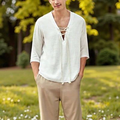 Medieval Pirate Style Lace-Up Cotton Poet Shirt