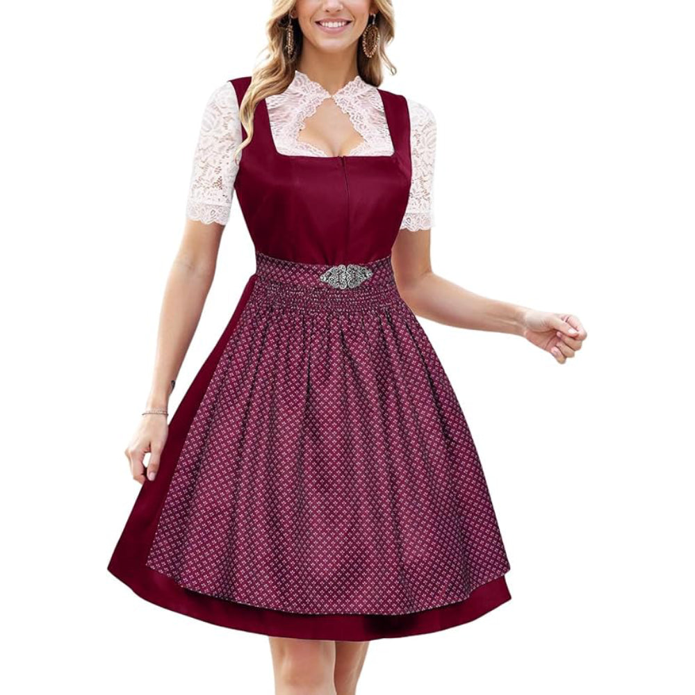 Oktoberfest Bavarian Red Dirndl Dress with Apron and Lace Blouse