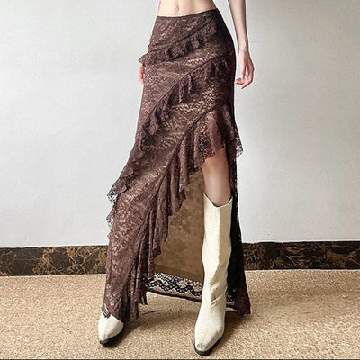 Gothic Style Asymmetrical Ruffled Lace Maxi Skirt