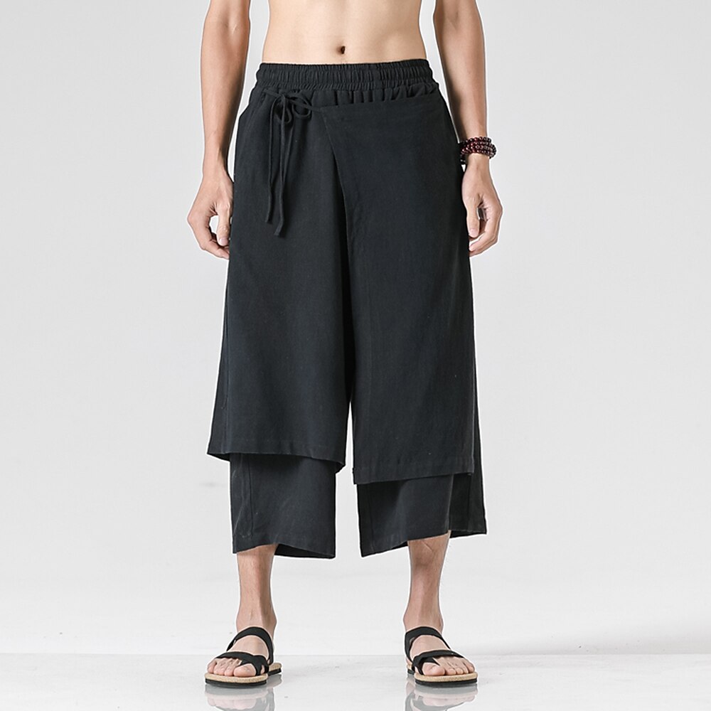Retro Style Faux Two Piece Design Linen Pants