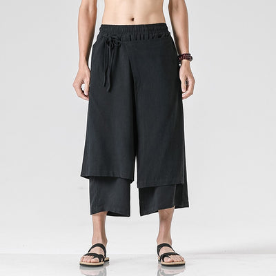 Retro Style Faux Two Piece Design Linen Pants