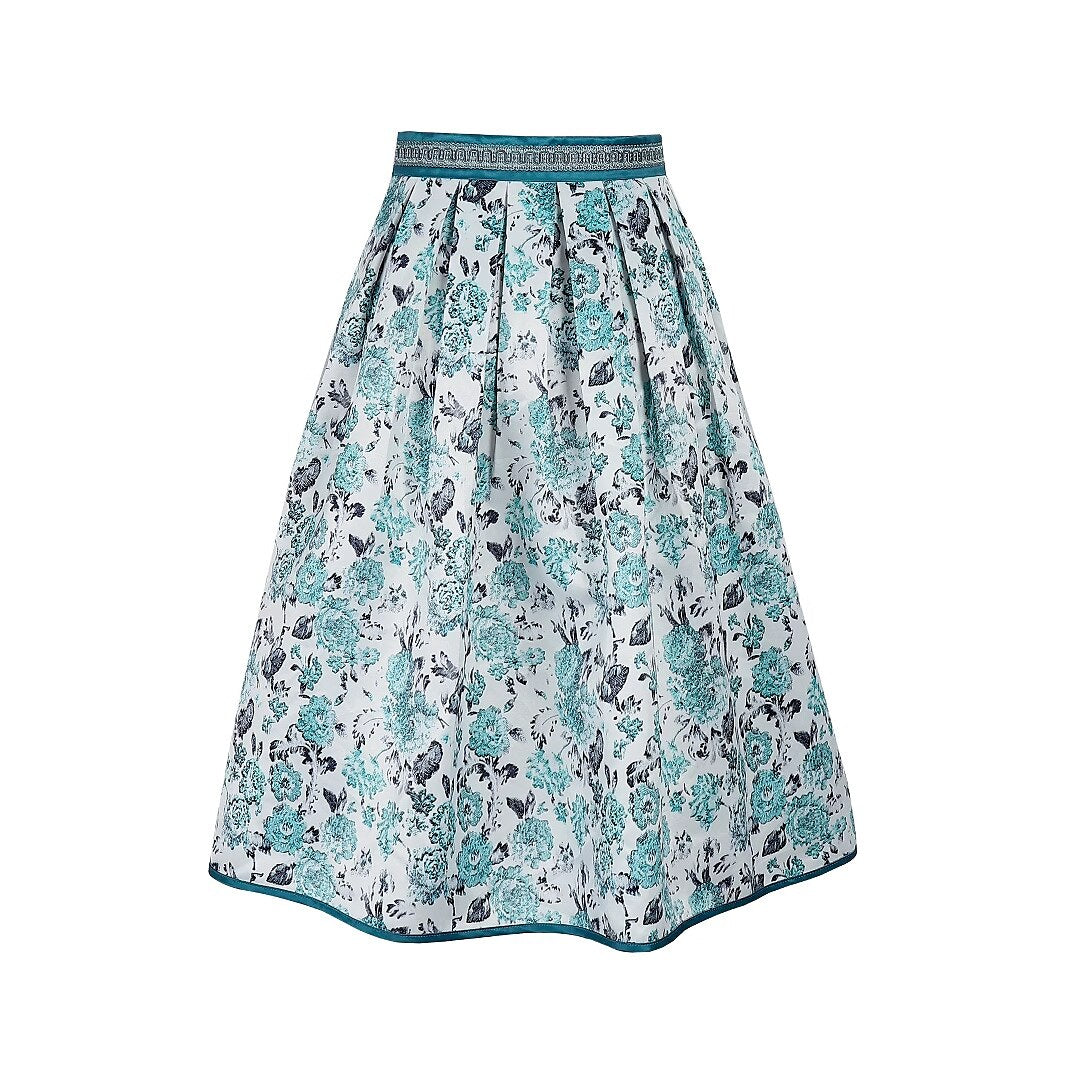 Bavarian-Inspired Blue Floral Midi Skirt