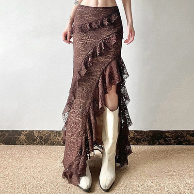 Gothic Style Asymmetrical Ruffled Lace Maxi Skirt