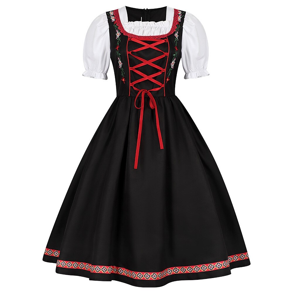Oktoberfest Red Black Embroidered Dirndl Dress with Apron
