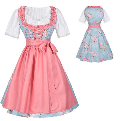 Oktoberfest Pink Floral Dirndl Dress with Apron and Blouse