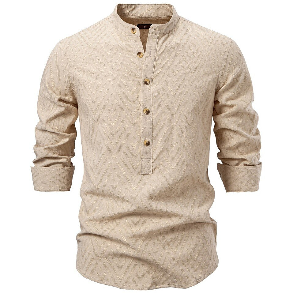 Medieval Style Textured Band Collar Tunic Shirt