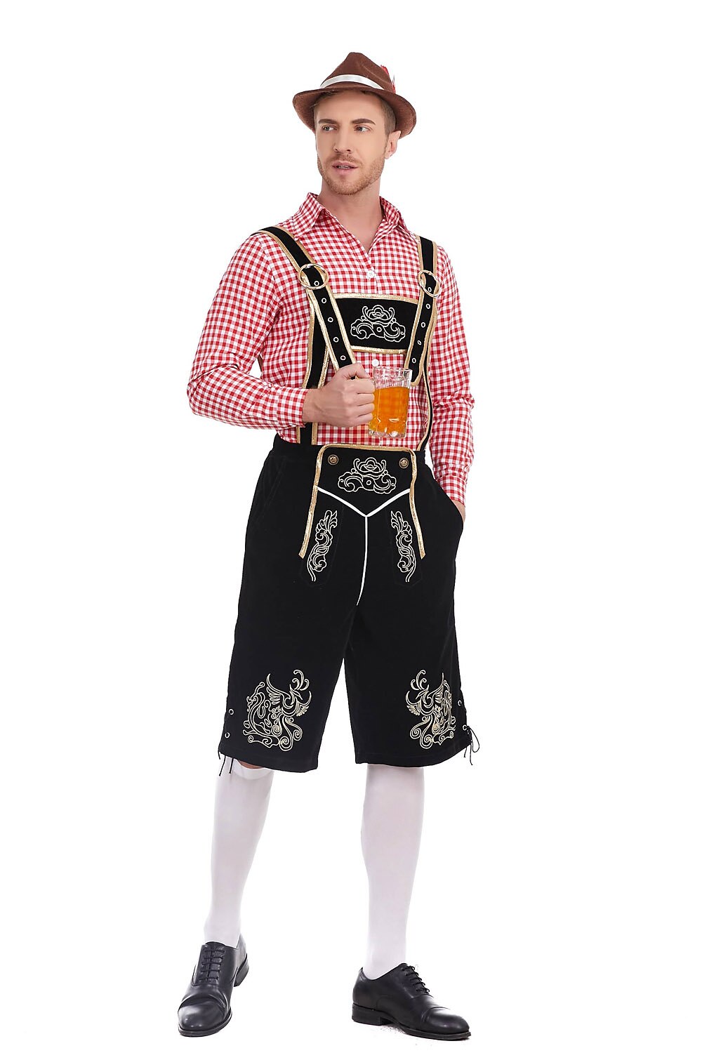 Men's Oktoberfest Costume with Embroidered Black Lederhosen, Shirt and Hat