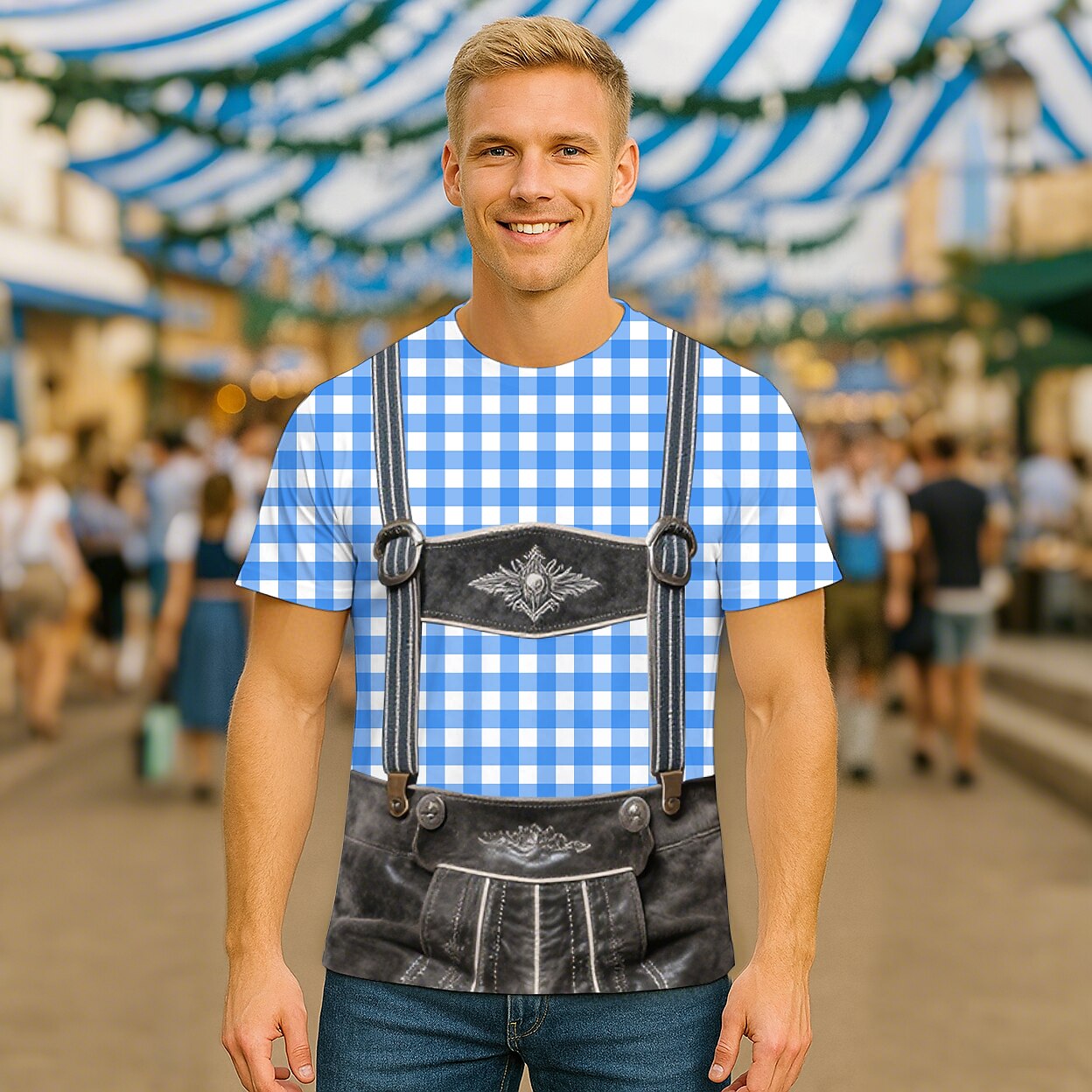 Men's Oktoberfest Blue Green Lederhosen Graphic T-shirt