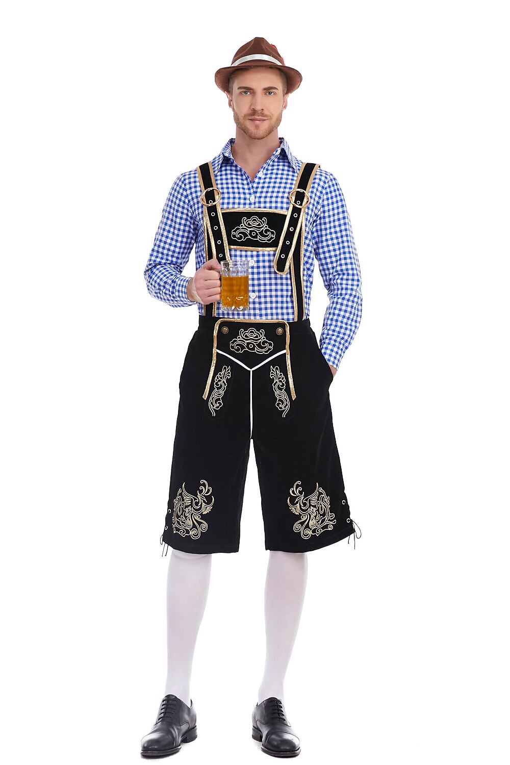 Men's Oktoberfest Costume with Embroidered Black Lederhosen, Shirt and Hat
