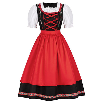 Oktoberfest Red Black Embroidered Dirndl Dress with Apron