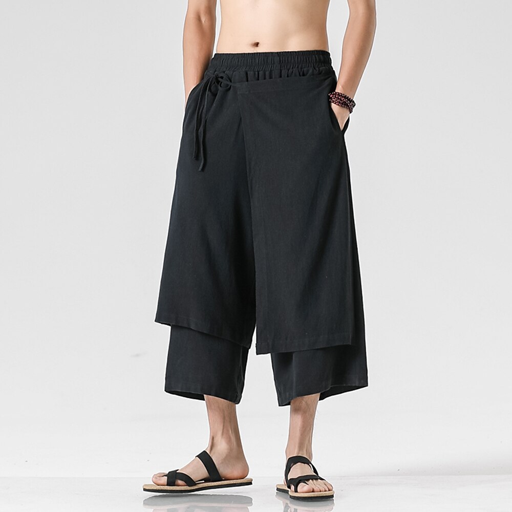 Retro Style Faux Two Piece Design Linen Pants