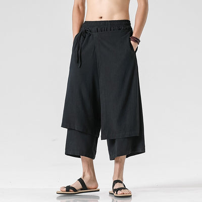 Retro Style Faux Two Piece Design Linen Pants
