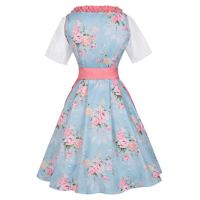 Oktoberfest Pink Floral Dirndl Dress with Apron and Blouse