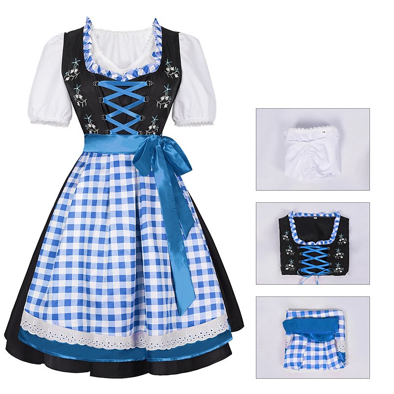 Oktoberfest Gingham Floral Dirndl Dress Set with Apron and Blouse
