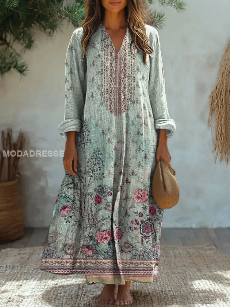 Elegantes Vintage Floral Art Print Midi Kleid mit V-Ausschnitt und langen Ärmeln